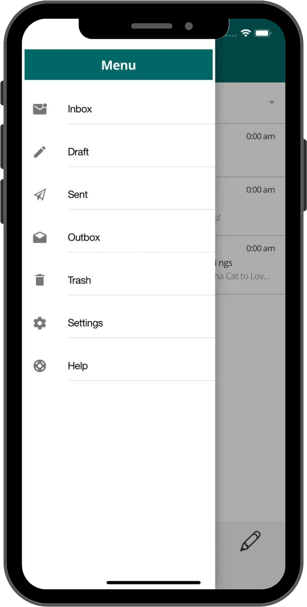 OneMail app menu on iPhone