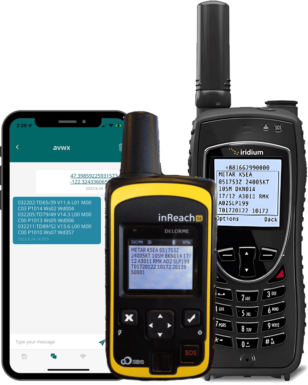 FlyCast message on smartphone, Iridium Extreme 9575 and inReach SE