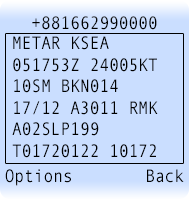 FlyCast METAR report displayed on Iridium 9575 satellite phone screen